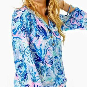Lilly Pulitzer Elsa Silk Blouse in Saltwater Blue Shade Seekers size Large NWT